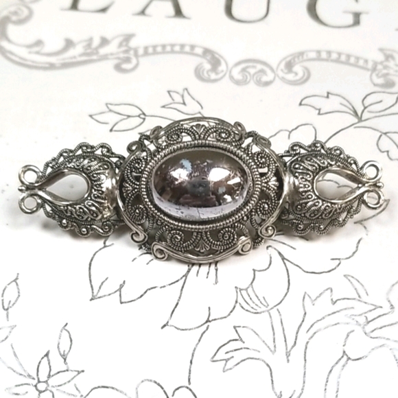 Vintage Mid Century Antiqued Silver Tone Metal Brooch Pin - Picture 4 of 11